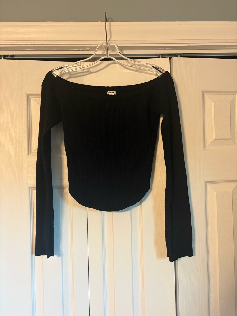 Garage Black Off-the-Shoulder Ribbed Long Sleeve Sweater